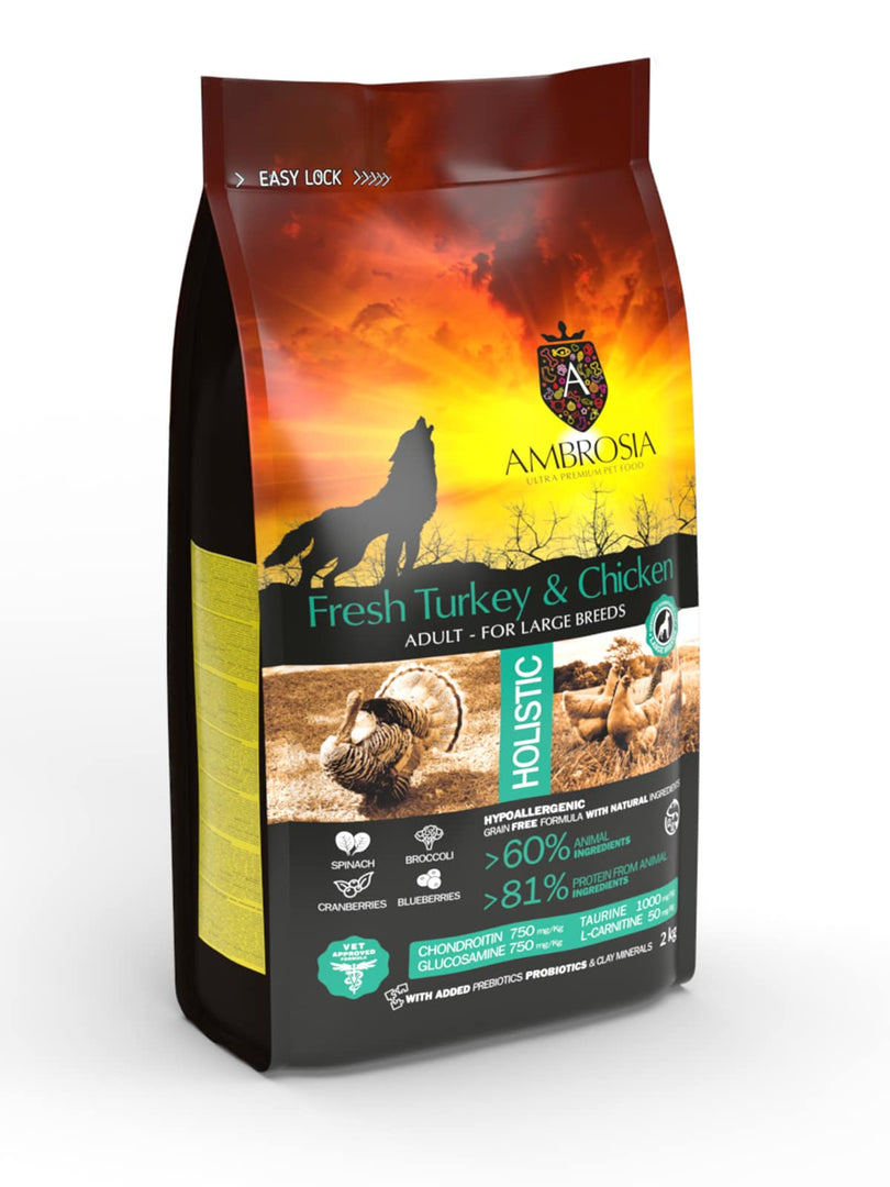 Ambrosia - Poulet et Dinde - Nourriture Sèche avec Sans Grains pour Chiens Adultes de Grandes Races