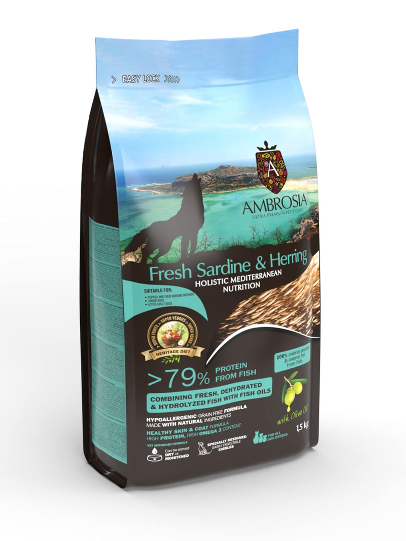 Ambrosia Méditérranéen - Sardine et Hareng - Nourriture Sèche avec Sans Grains pour Chiots