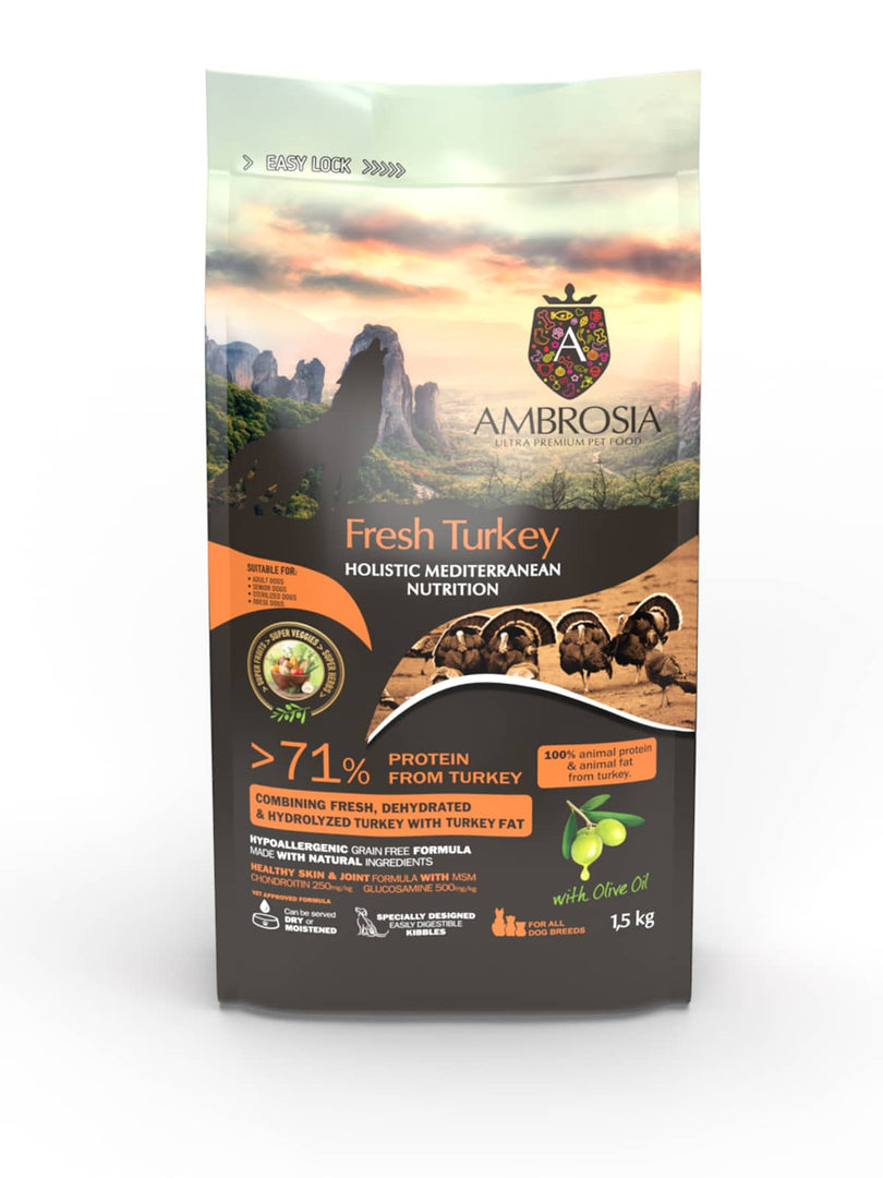 Ambrosia Méditérranéen - Légère, Stérilisé, Dinde - Nourriture Sèche avec Sans Grains pour Chiens Seniors