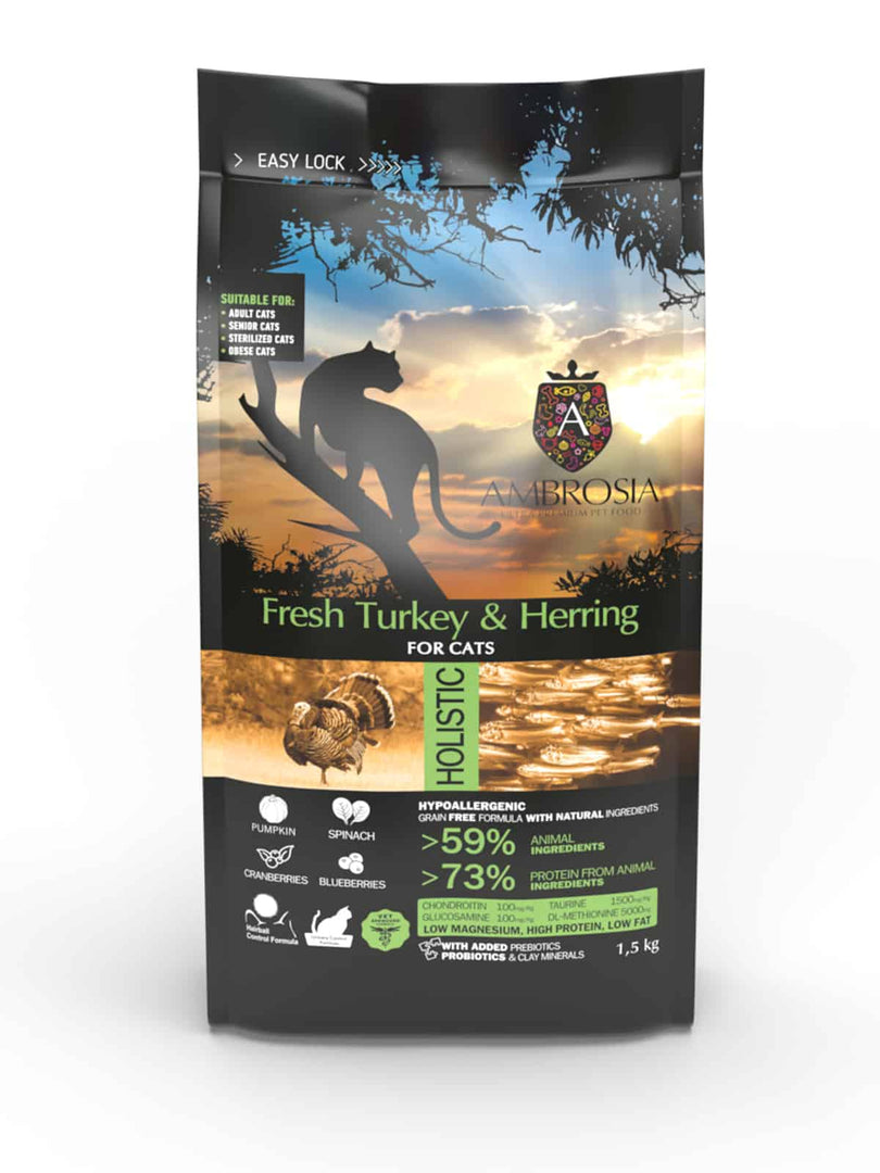 Ambrosia - Dinde et Hareng - Nourriture Sèche Sans Grains pour Chats Stérilisés
