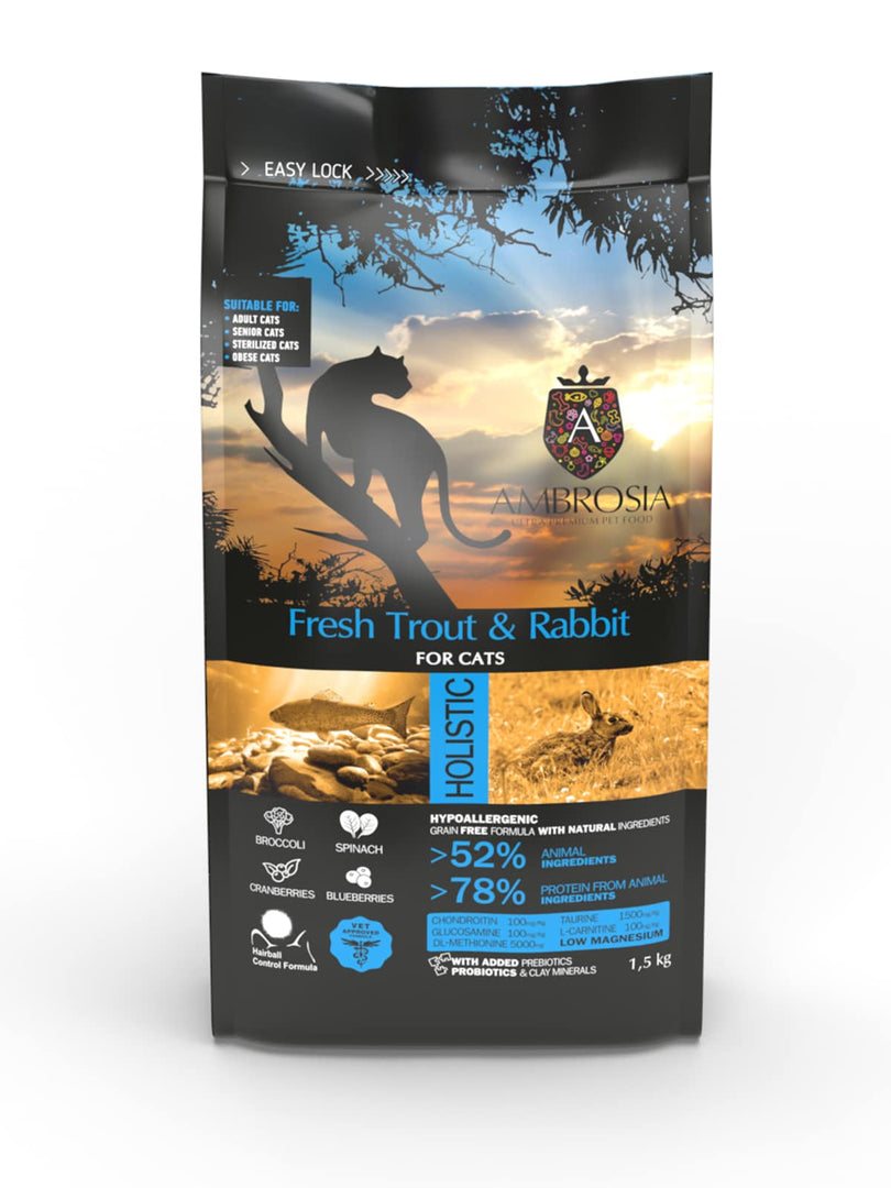 Ambrosia - Truite et Lapin - Nourriture Sèche Sans Grains pour ChatsStérilisés et Seniors