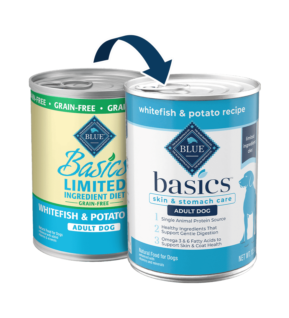 Blue Basics - Soin Peau et Estomac - Poisson Blanc et Pomme de Terre - Nourriture Humide à Ingrédients Limités pour Chiens