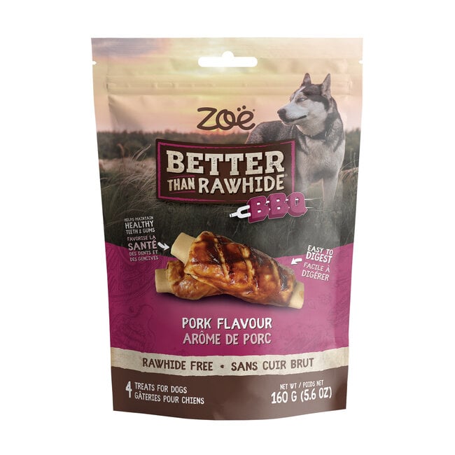 Zoë Better Than Rawhide - Saveur de Porc Barbecue - Gâteries Sans Cuir Brut pour Chiens