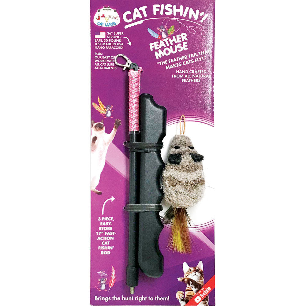 Cat Lures Cat Fishin' - Jouet Canne à Pêche avec Souris à Plumes pour Chats, 17"