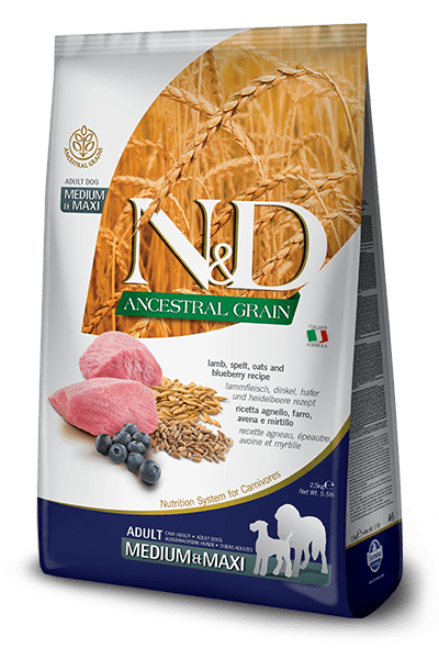 Farmina N&D Grains Ancestraux - Agneau, Épeautre, Avoine & Myrtille - Nourriture Sèche pour Chiens de Moyennes et Grandes Races