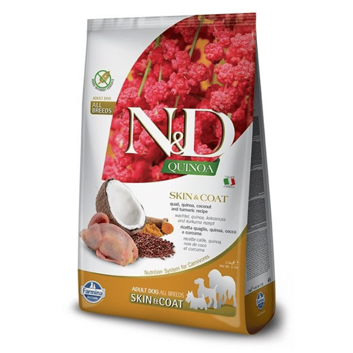 Famina N&D Quinoa - Peau et Pelage, Caille - Nourriture Sèche Sans Grains pour Chiens