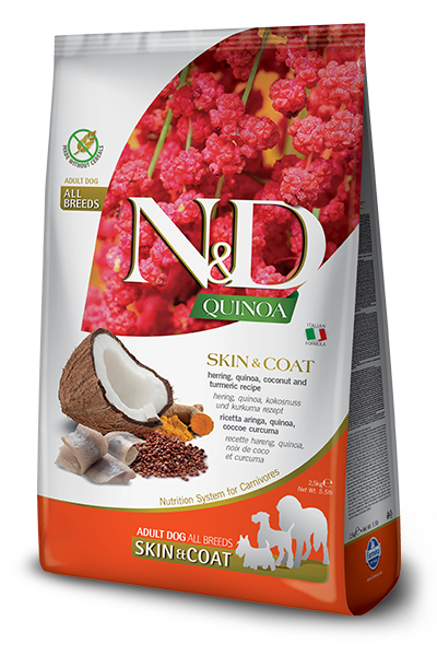 Famina N&D Quinoa - Peau et Pelage, Hareng - Nourriture Sèche Sans Grains pour Chiens Moyennes et Grandes Races