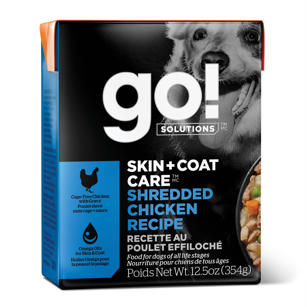 Petcurean Go! Solutions - Soin Peau et Pelage - Poulet Effiloché en Sauce - Nourriture Humide pour Chiens en Tetra Pak