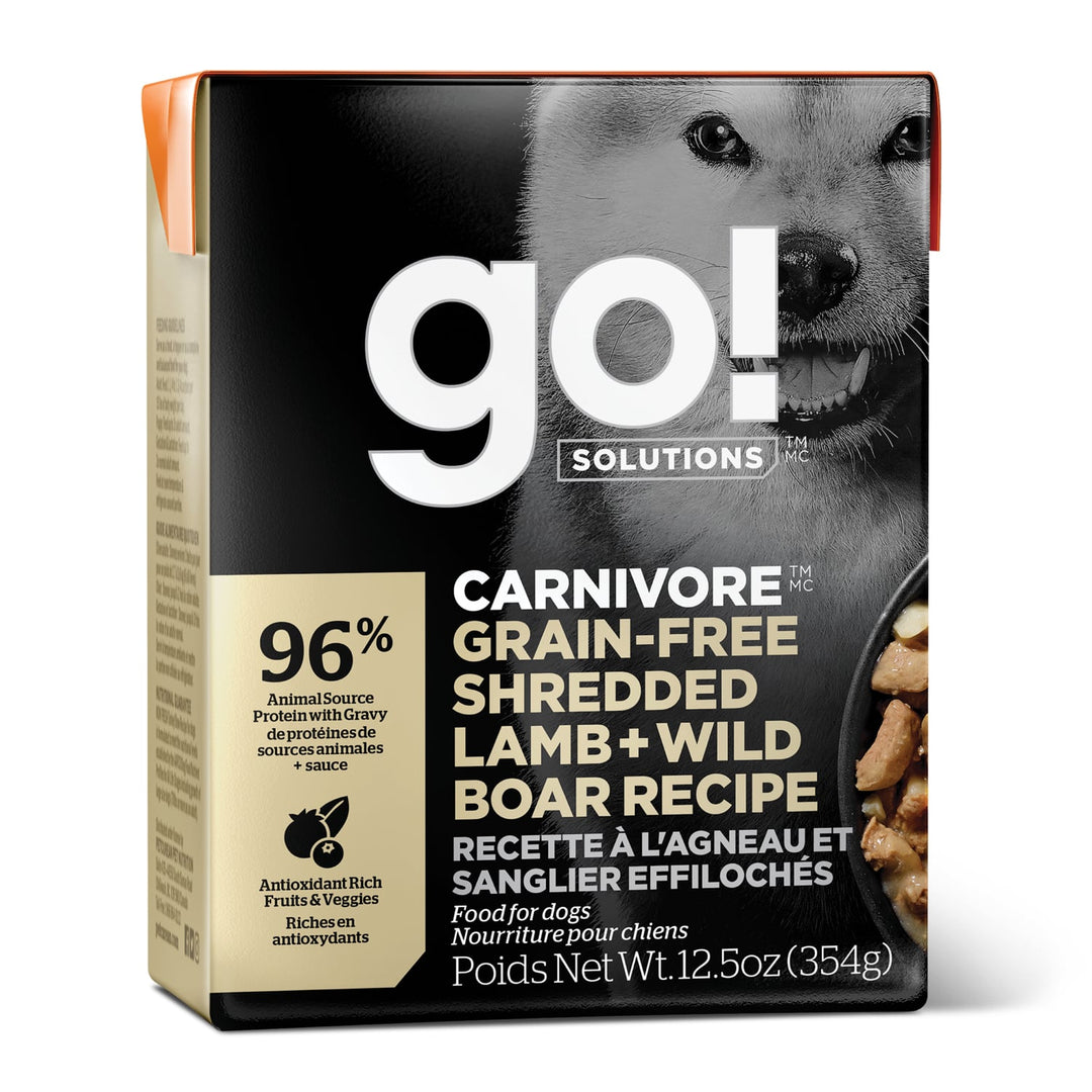 Petcurean Go! Solutions Carnivore - Chien Agneau et Sanglier Éffilochés - Nourriture Humide Sans Grains pour Chiens en Tetra Pak