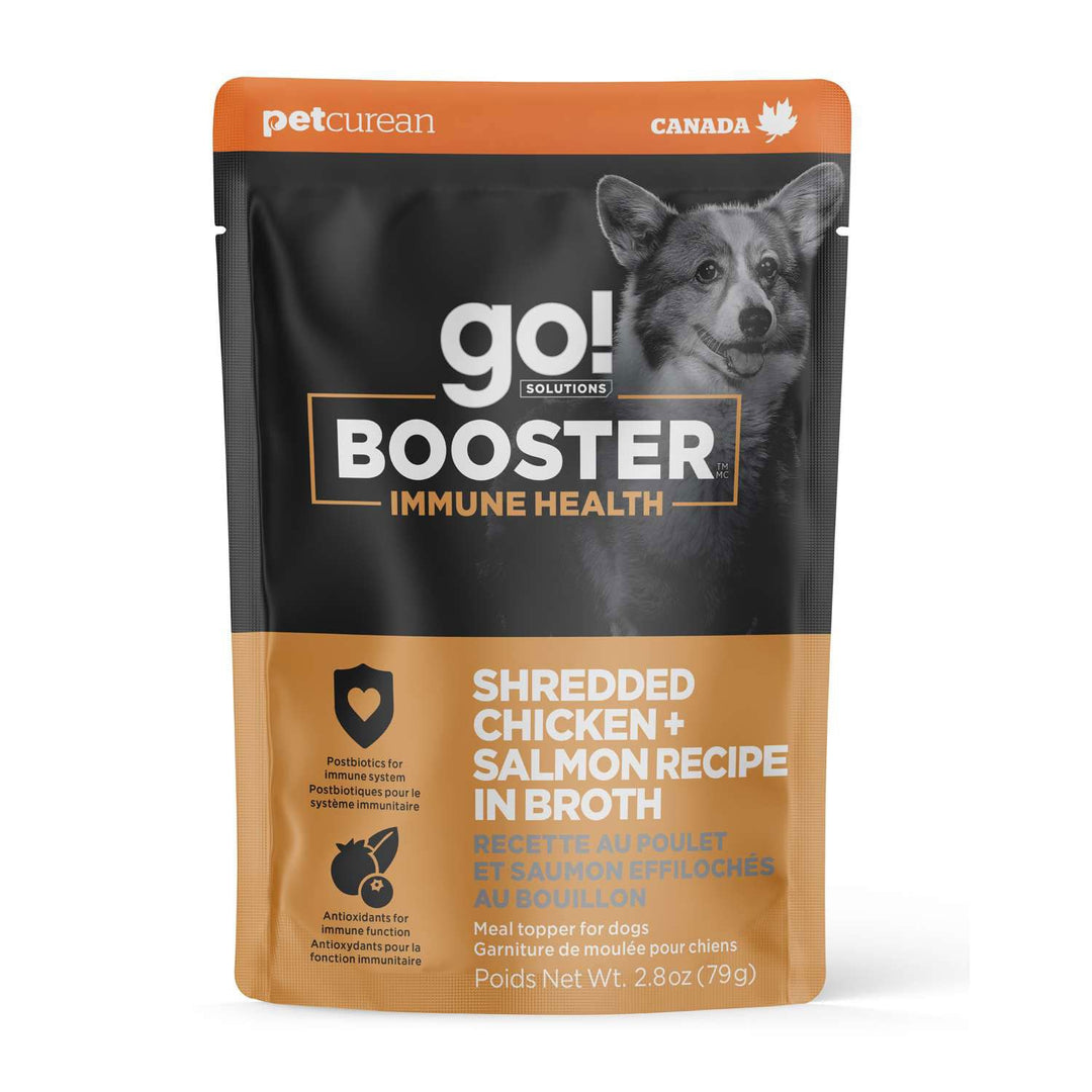 Petcurean Go! Solutions Booster - Chien Santé Immunitaire, Poulet et Saumon Éffilochés au Bouillon - Garniture de Moulée pour Chiens