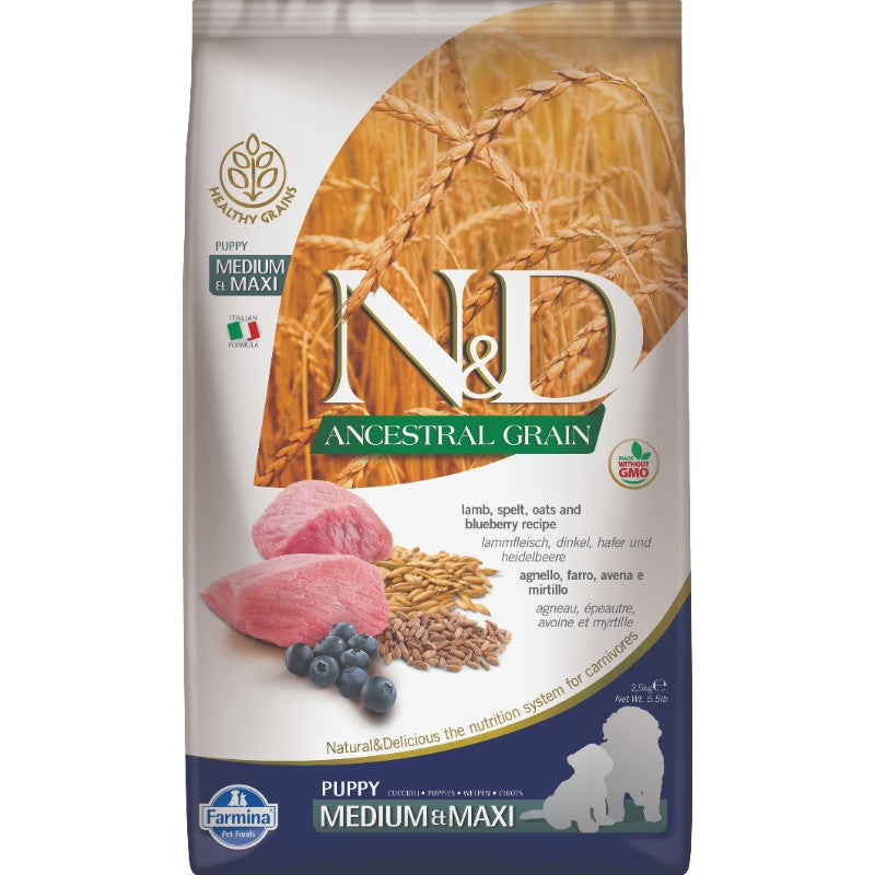 Farmina N&D Grains Ancestraux - Agneau, Épeautre, Avoine et Myrtille - Nourriture Sèche pour Chiots Moyennes et Grandes Races