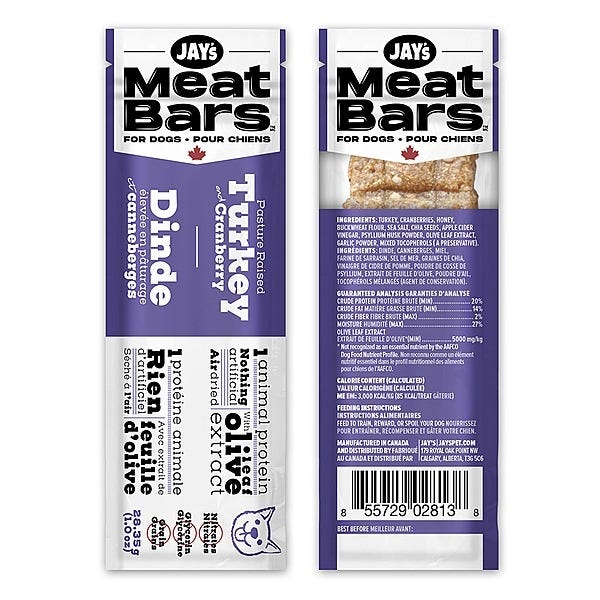 Jay's Meat Bars - Barre à la Dinde et Canneberges - Gâteries Tendres pour Chiens