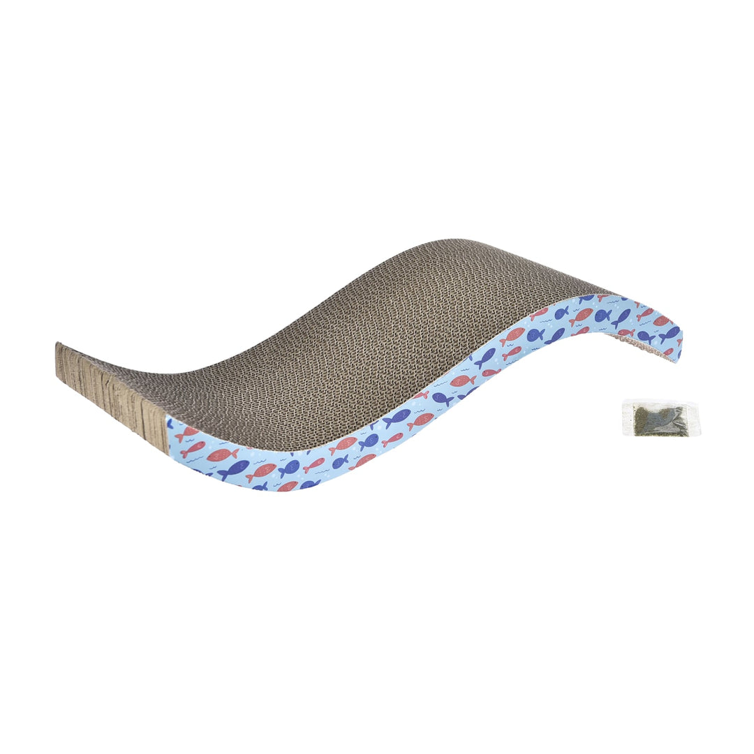 BüD'z - Boite à Gratter en Carton Motif Aquatique avec Sachet D'Herbe à Chat (53 x 20.5 x 10 cm)
