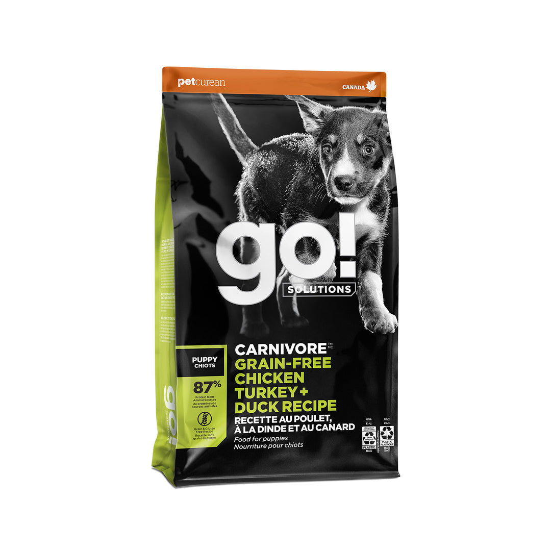 Petcurean Go! Solutions Carnivore - Poulet, Dinde et Canard - Nourriture Sèche Sans Grains pour Chiots