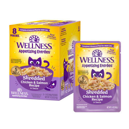 Wellness Appetizing Entrees - Poulet et Saumon Déchiquettés en Sauce - Nourriture Humide pour Chats Adultes en Sachet
