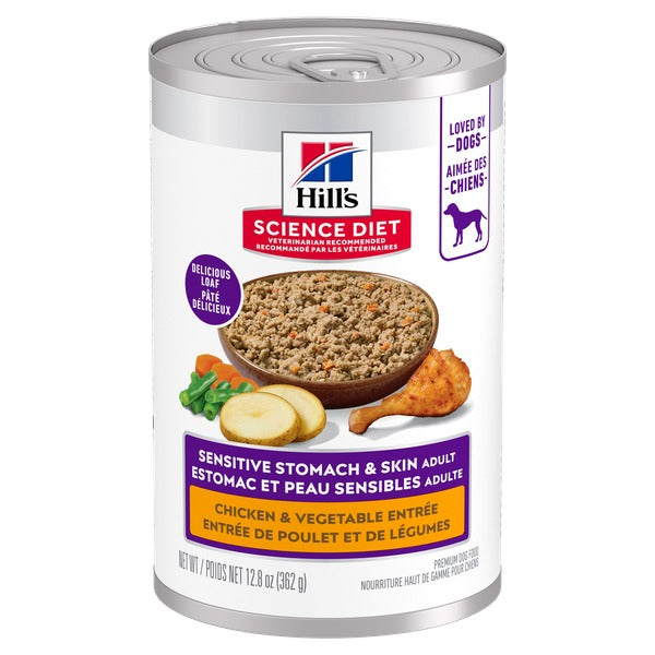 Hill's Science Diet - Chien Adulte Estomac et Peau Sensible Entrée de Poulet et Légumes - Nourriture Humide pour Chiens