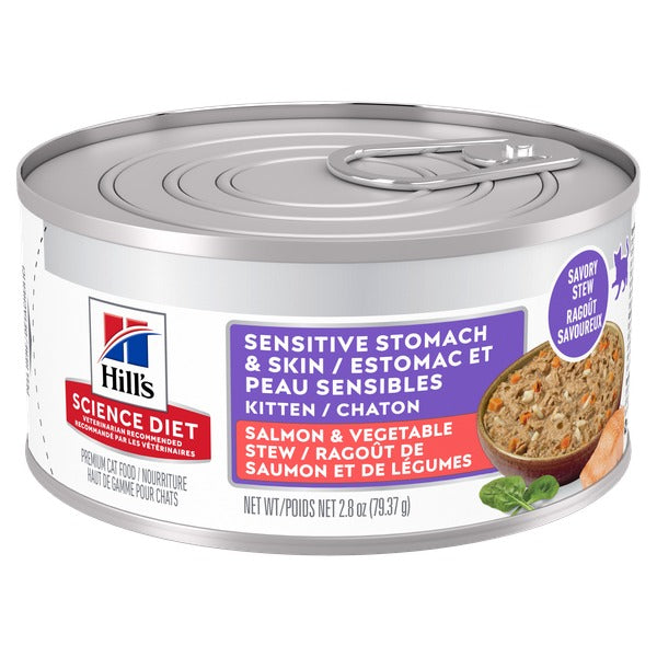 Hill's Science Diet - Chat Adulte Estomac et Peau Sensible Ragoût de Saumon et Légumes - Nourriture Humide pour Chats