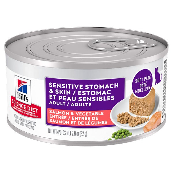 Hill's Science Diet - Chat Adulte Estomac et Peau Sensible Pâté de Saumon et Légumes - Nourriture Humide pour Chats