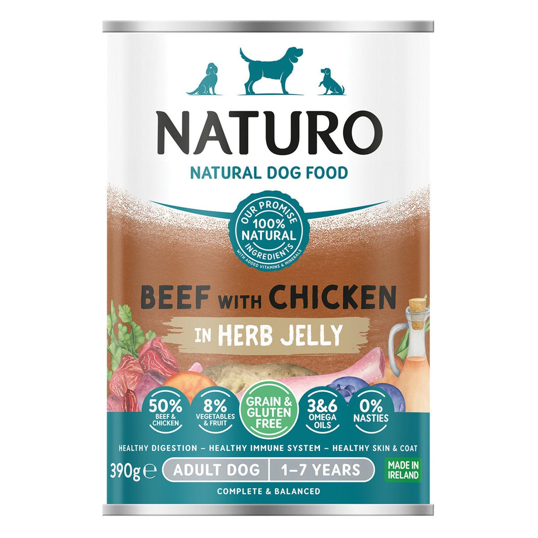 Naturo - Boeuf et Poulet en Gelée aux Herbes - Nourriture Humide Sans Grains pour Chiens Adultes 1-7 Ans en Sachet