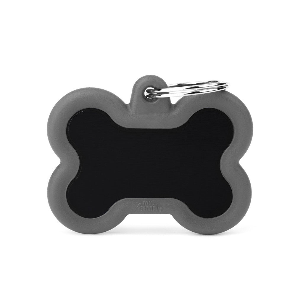 My Family - Hushtag Os Aluminium Noir/Caoutchouc Gris - Médaille d'Identité pour Chiens