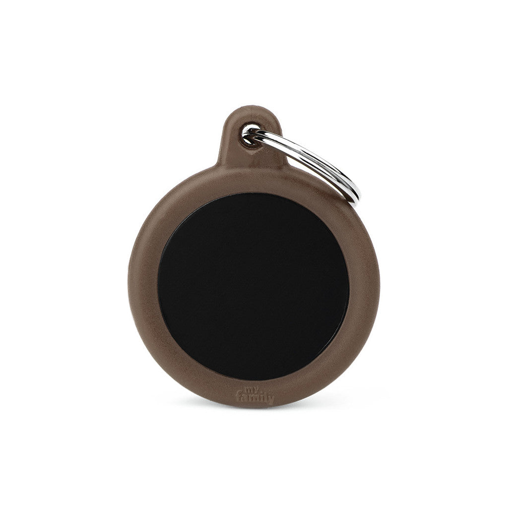 My Family - Hushtag Cercle Aluminium Noir/Caoutchouc Brun - Médaille d'Identité pour Chiens