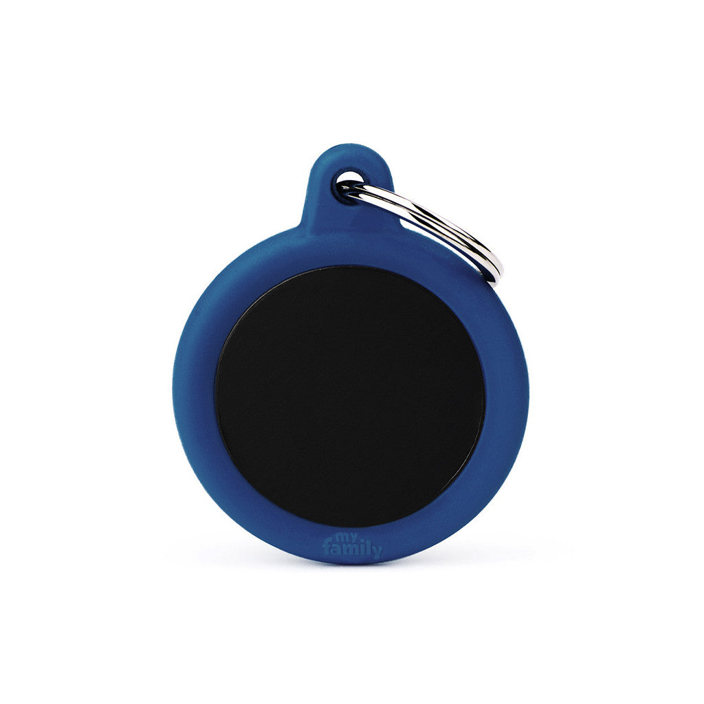 My Family - Hushtag Cercle Aluminium Noir/Caoutchouc Bleu Foncé - Médaille d'Identité pour Chiens