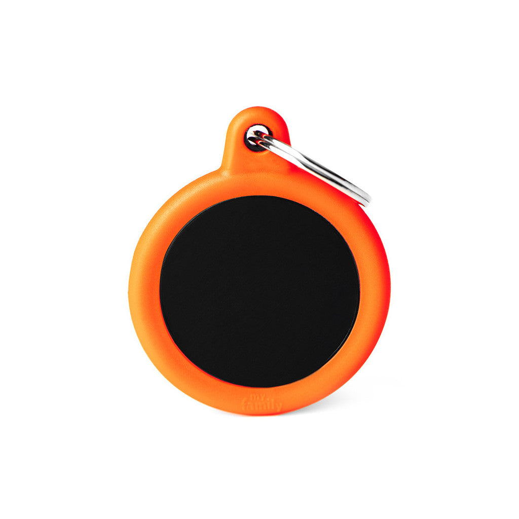 My Family - Hushtag Cercle Aluminium Noir/Caoutchouc Orange - Médaille d'Identité pour Chiens