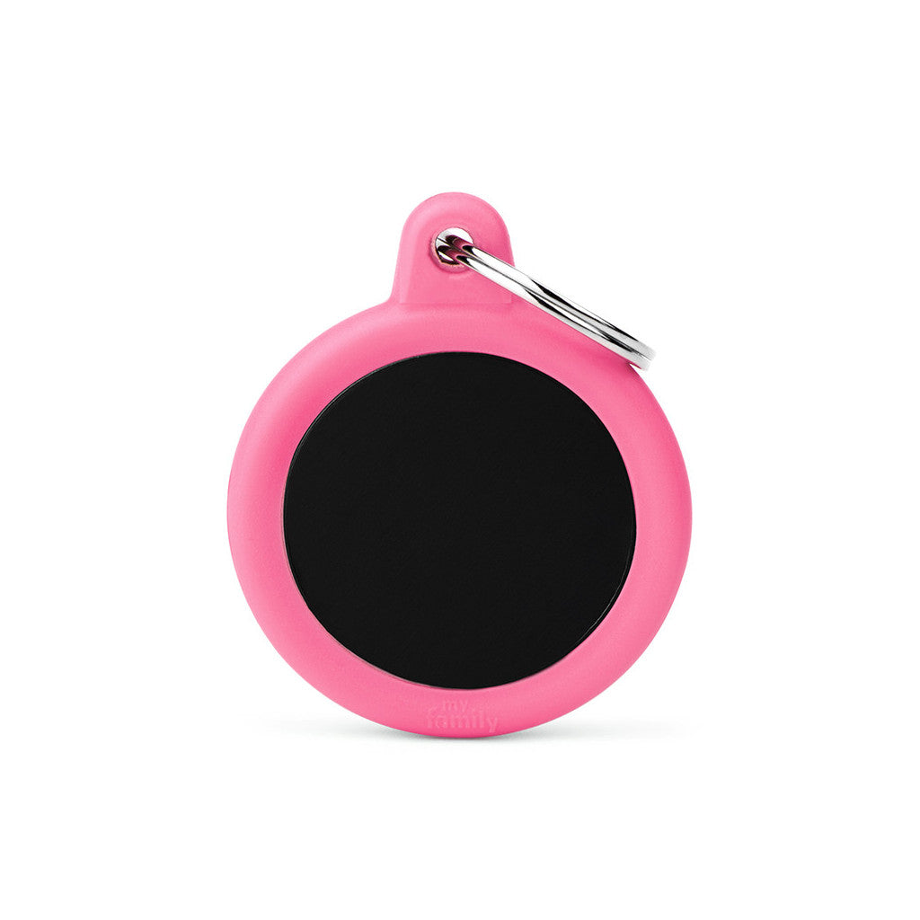 My Family - Hushtag Cercle Aluminium Noir/Caoutchouc Rose - Médaille d'Identité pour Chiens