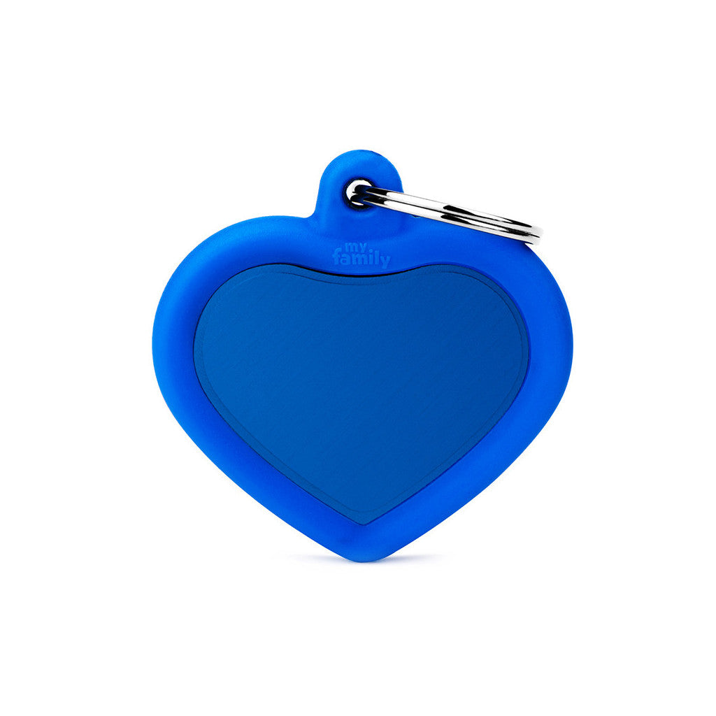 My Family - Hushtag Coeur Aluminium Bleu/Caoutchouc Bleu - Médaille d'Identité pour Chiens