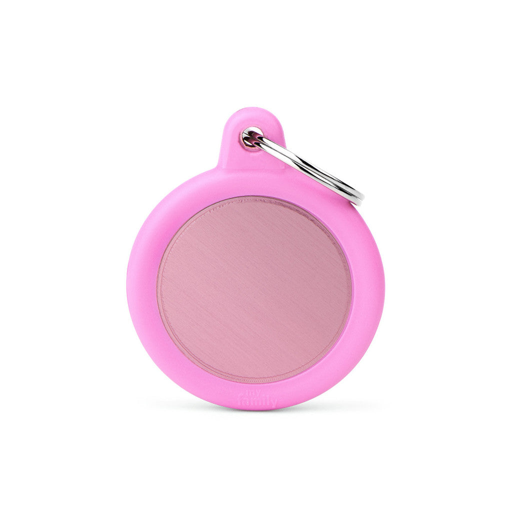 My Family - Hushtag Cercle Aluminium Rose/Caoutchouc Rose - Médaille d'Identité pour Chiens
