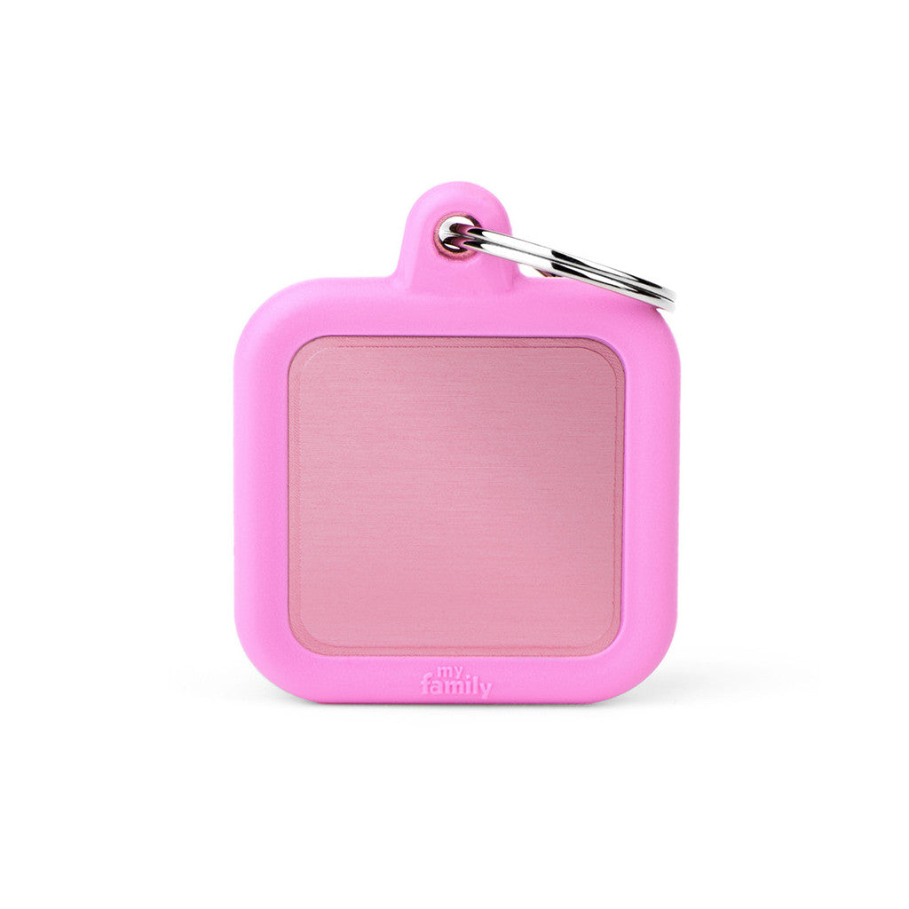 My Family - Hushtag Carré Aluminium Rose/Caoutchouc Rose - Médaille d'Identité pour Chiens