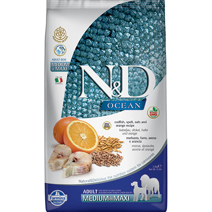 Farmina N&D Océan - Morue et Orange - Nourriture Sèche Sans Grains pour Chiens de Moyennes et Grandes Races