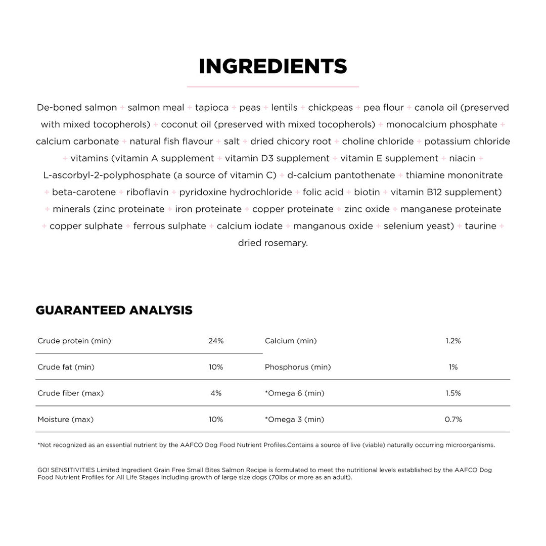 Petcurean Go! Solutions Sensitivities - Petites Bouchées Saumon - Nourriture Sèche Sans Grains à Ingrédients Limités pour Chiens