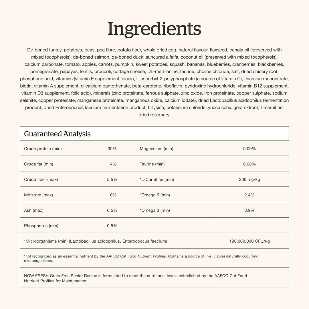 Petcurean Now Fresh - Dinde, Saumon et Canard - Nourriture Sèche Sans Grains pour Chats Âgés