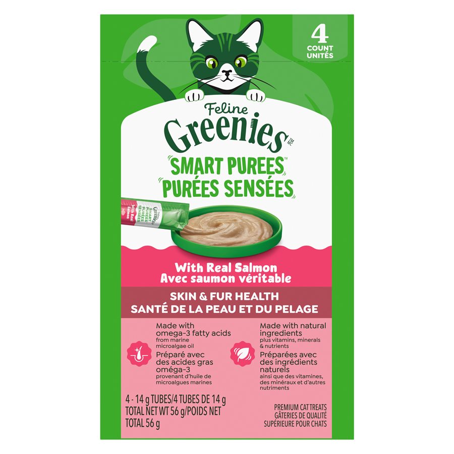 Greenies Feline Purées Sensées - Peau et Pelage Saumon - Gâteries à Lêcher pour Chats