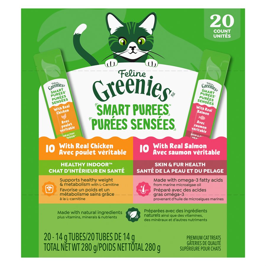 Greenies Feline Purées Sensées - Emballage Varié, 10 x Chat d'Intérieur et 10 x Peau et Pelage - Gâteries à Lêcher pour Chats