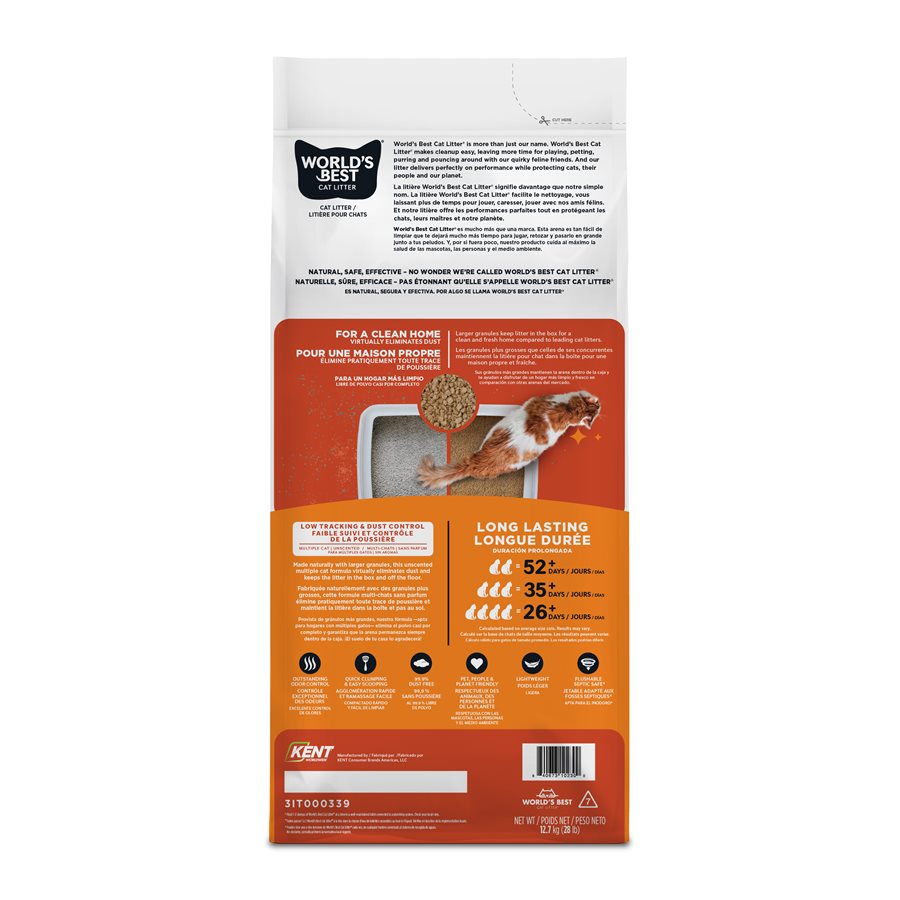 World's Best - Multi-ChatsSans Parfum - Litière Agglomérante Naturelle de Maïs à Faible Dispersion et Contrôle de la Poussière pour Chats