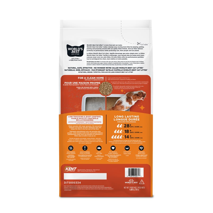 World's Best - Multi-ChatsSans Parfum - Litière Agglomérante Naturelle de Maïs à Faible Dispersion et Contrôle de la Poussière pour Chats