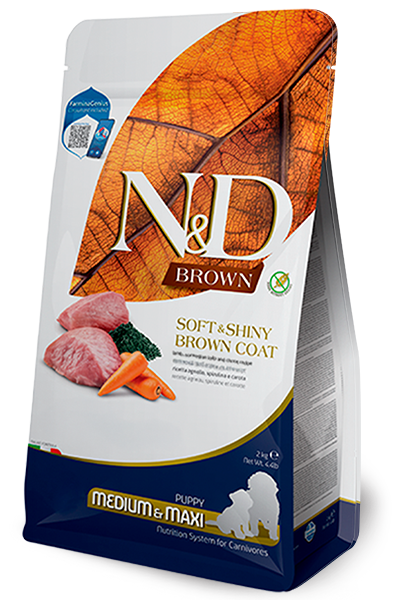 Farmina N&D Brown (Pelage Brun) - Agneau, Spiruline et Carotte - Nourriture Sèche Sans Grains pour Chiots de Moyennes et Grandes Races