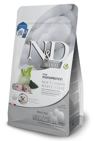 Farmina N&D White (Pelage Blanc) - Bar, Spiruline et Fenouil - Nourriture Sèche Sans Grains pour Chiens de Moyennes et Grandes Races