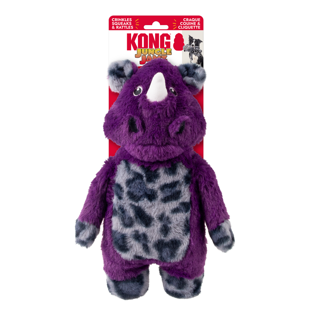 Kong Jungle Jamz Rhinocéros, jouet interactif en peluche avec couineur pour chiens